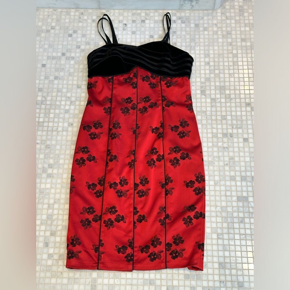 Juliana Stunning Red Cocktail Dress with Black Velvet Detailing